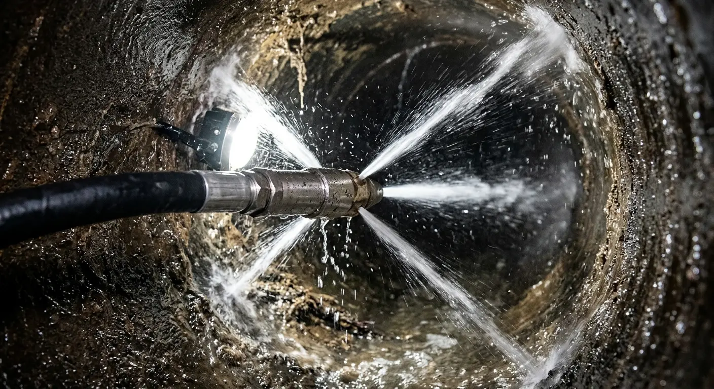 High-pressure hydro jetting nozzle cleaning sewer pipe for Trenchless Sewer Repair in Medina