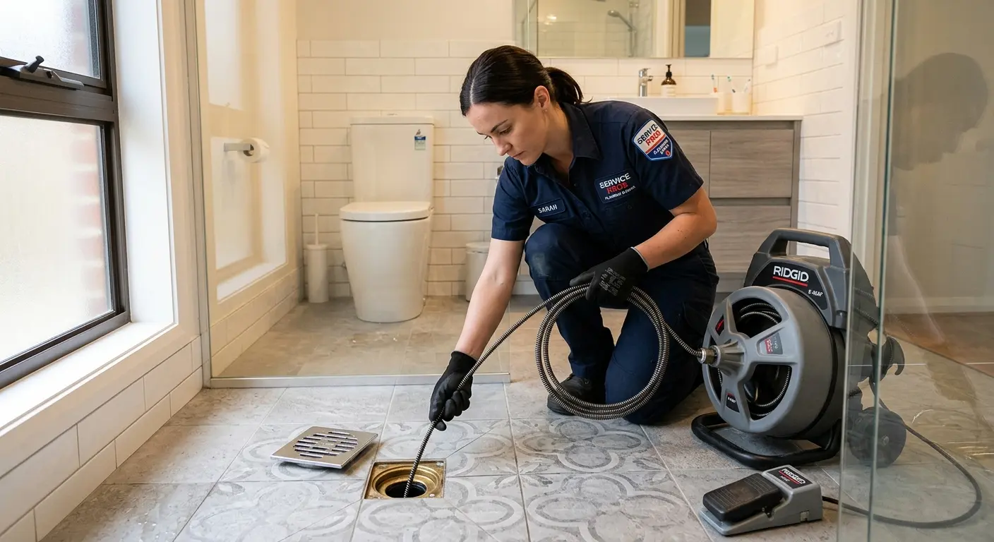 Technician clearing a bathroom floor drain for Clogged Drain Repair in Medina